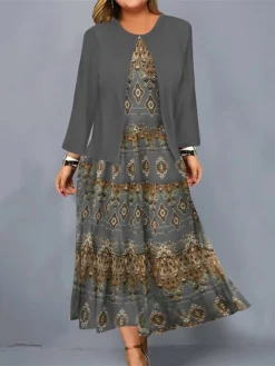 Women's Plus Size Curve Casual Dress Dress Set Two Piece Dress Geometric Gradient Midi Dress Long Sleeve Print Crew Neck Fashion Outdoor Blue Gold Fall Winter L XL XXL 3XL 4XL -HANs Plus Size Style Shop yvulga1695362836751