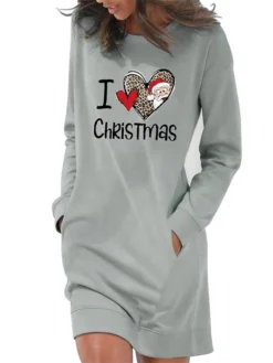 Women‘s Christmas Hoodie Dress Winter Dress Light Blue Grey White Long Sleeve Heart Letter Pocket Print Winter Fall Crew Neck Stylish Casual Fall Dress Loose Fit 2022 S M L XL 2XL / Cotton -HANs Plus Size Style Shop ywaytv1666175295703