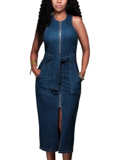 Women's Denim Dress Bodycon Sheath Dress Maxi Long Dress Denim Stylish Casual Daily Vacation Going Out Crew Neck Lace Up Zipper Sleeveless Summer Spring Fall 2023 Slim Blue Pure Color S M L XL -HANs Plus Size Style Shop ywgfsc1643105762442