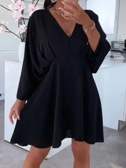 Women's Casual Dress Plain Dress Spring Dress Mini Dress Ruched Daily Date Going Out Fashion Basic V Neck Long Sleeve 2023 Loose Fit Black White Pink Color S M L XL Size -HANs Plus Size Style Shop ywtodc1692161492738