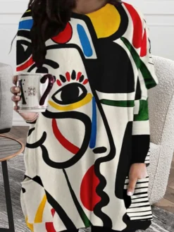 Women‘s Plus Size Curve T Shirt Dress Tee Dress Abstract Crew Neck Print Long Sleeve Winter Fall Casual Daily Vacation Dress -HANs Plus Size Style Shop yxbbpm1664526236676