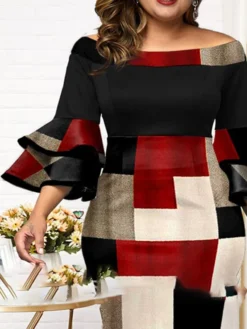 Women‘s Plus Size Curve Party Dress Plaid Off Shoulder Print 3/4 Length Sleeve Spring Fall Elegant Mature Midi Dress Formal Work Dress -HANs Plus Size Style Shop yxbmre1649309836059