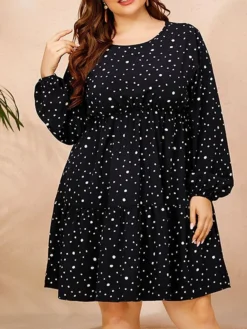 Women's Plus Size Party Dress Wedding Guest Dress Empire Waist Dresses Mini Dress Dark Blue Long Sleeve Polka Dot Print Spring Fall Winter Crew Neck Fashion Winter Dress Evening Party Wedding Guest
