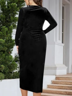 Women's Plus Size Party Dress Velvet Dress Cocktail Dress Midi Dress Black Wine Dark Green Long Sleeve Pure Color Ruched Spring Fall Winter V Neck Fashion Winter Dress Wedding Guest Birthday 2023 XL -HANs Plus Size Style Shop yxemdd1692000446234