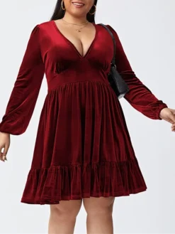 Women‘s Plus Size Curve Party Dress Velvet Dress Cocktail Dress Mini Dress Black Wine Royal Blue Long Sleeve Pure Color Ruched Spring Fall Winter V Neck Fashion Birthday Wedding Guest Vacation 2023 -HANs Plus Size Style Shop yydexf1692176732639