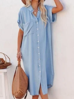 Women's Casual Dress Denim Shirt Dress Midi Dress Denim Fashion Casual Outdoor Daily Vacation Shirt Collar Button Pocket Short Sleeve Summer Spring Fall 2023 Loose Fit Navy Blue Blue Sky Blue Plain S