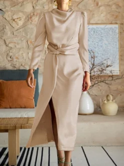 Women's Casual Dress Plain Dress Spring Dress Midi Dress Split Knot Front Work Street Daily Fashion Streetwear Crew Neck Long Sleeve 2023 Regular Fit Black Blue Green Color S M L XL Size