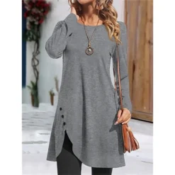 Women's Casual Dress Plain Dress Mini Dress Button Outdoor Daily Going Out Active Fashion Crew Neck Long Sleeve 2023 Regular Fit Black Pink Red Color S M L XL XXL Size