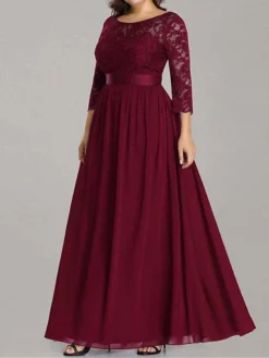 Women's Plus Size Curve Prom Dress Party Dress Lace Dress Long Dress Maxi Dress White Pink Wine 3/4 Length Sleeve Pure Color Lace Spring Fall Winter Crew Neck Fashion Birthday Evening Party -HANs Plus Size Style Shop yyirmc1692156787837