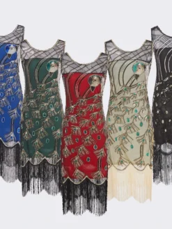 Women's Retro 1920s Fringe Dress Midi Dress Party Holiday Sequins Tassel Fringe Animal Crewneck Sleeveless Regular Fit Spring Fall 2023 Black Red S M L XL