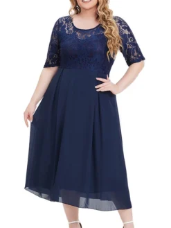 Women's Plus Size Party Dress Lace Dress Cocktail Dress Midi Dress Dark Blue Half Sleeve Pure Color Lace Fall Winter Autumn Crew Neck Fashion Winter Dress Wedding Guest Vacation 2023 XL XXL 3XL 4XL -HANs Plus Size Style Shop yywfck1693296919390