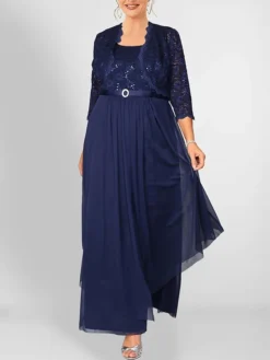 Women's Plus Size Curve Party Dress Lace Dress Dress Set Plain Long Dress Maxi Dress 3/4 Length Sleeve Lace Patchwork V Neck Fashion Party Navy Blue Fall Winter L XL XXL 3XL 4XL