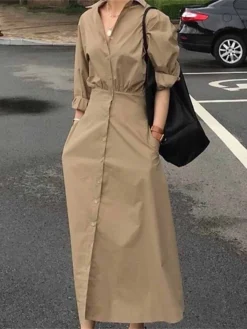 Women's Shirt Dress Casual Dress Maxi Long Dress Outdoor Daily Vacation Cotton Basic Classic Shirt Collar Button Long Sleeve Summer Spring Fall 2023 Loose Fit Black Sky Blue Khaki Pure Color S M L XL -HANs Plus Size Style Shop yziosd1680164638031