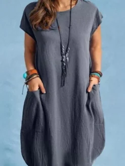 Women's Plus Size Apple Shaped Dress Curve Shift Dress Solid Color Round Neck Short Sleeve Spring Summer Casual Knee Length Dress Casual Daily Dress -HANs Plus Size Style Shop zachzp1655290199067