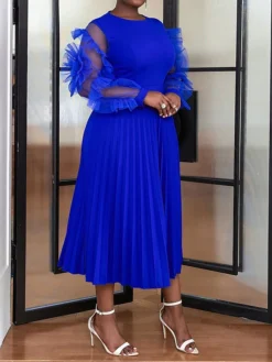 Women's Plus Size Curve Party Dress Formal Dress A Line Dress Plain Midi Dress Long Sleeve Pleated Ruffle Crew Neck Fashion Party Blue Fall Winter XL XXL 3XL 4XL -HANs Plus Size Style Shop zamjbb1694425978448
