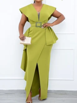 Women's Plus Size Curve Party Dress Solid Color V Neck Short Sleeve Spring Summer Prom Dress Maxi Long Dress Party Dress -HANs Plus Size Style Shop zayize1663048418199