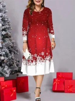 Women's Christmas Plus Size Curve Casual Dress Skater Dress A Line Dress Elk Christmas Tree Midi Dress Long Sleeve Print Crew Neck Fashion Outdoor Black White Fall Winter L XL XXL 3XL 4XL -HANs Plus Size Style Shop zbenzd1695713693360