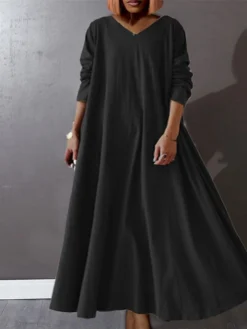 Women‘s Plus Size Curve Casual Dress Pure Color V Neck Long Sleeve Winter Fall Basic Casual Maxi Long Dress Daily Vacation Dress -HANs Plus Size Style Shop zbfvyh1668155113367