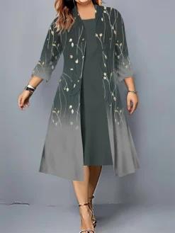 Women's Plus Size Curve Casual Dress Dress Set Two Piece Dress Floral Midi Dress 3/4 Length Sleeve Print Crew Neck Fashion Outdoor Navy Blue Fuchsia Fall Winter L XL XXL 3XL 4XL -HANs Plus Size Style Shop zbjmuf1695103065939