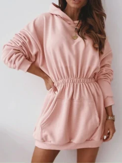 Women's Casual Dress Hoodie Dress Plain Dress Mini Dress Button Pocket Street Daily Holiday Fashion Streetwear Hooded Long Sleeve 2023 Regular Fit Black White Pink Color S M L XL XXL Size -HANs Plus Size Style Shop zbjtdl1693221646138