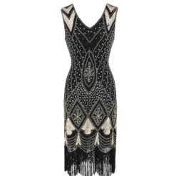 Women's Retro 1920s Fringe Dress Midi Dress Party Halloween Sequins Tassel Fringe Geometric V Neck Sleeveless Regular Fit Spring Fall 2023 Black Red S M L XL -HANs Plus Size Style Shop zbzruu1692610488614