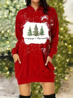 Women's Christmas Dress Hoodie Dress Mini Dress Warm Fashion Outdoor Christmas Holiday Hoodie Pocket Print Christmas Tree Loose Fit Red Green S M L XL XXL -HANs Plus Size Style Shop zcowkl1697634062727
