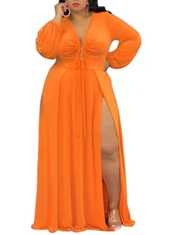Women‘s Plus Size Curve Easter Dress Party Dress Solid Color V Neck Split Long Sleeve Fall Spring Dress Work Prom Dress Maxi Dress Party Vacation Dress