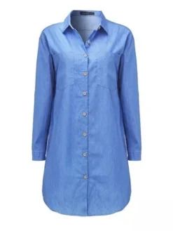 Women's Denim Dress Shirt Dress Shift Dress Mini Dress Outdoor Winter Dress Daily Cotton Denim Casual Shirt Collar Button Pocket Long Sleeve Summer Spring Fall 2023 Regular Fit Black Army Green Dark -HANs Plus Size Style Shop zctqez1695298358166