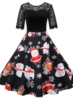 Women's Christmas Casual Dress Swing Dress Midi Dress Black Short Sleeve Santa Claus Snowman Snowflake Lace Winter Fall Crew Neck Vintage Elegant Casual 2022 S M L XL 2XL 3XL / Black Dress -HANs Plus Size Style Shop zedsjn1666430372606