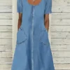 Women's Denim Dress Casual Dress Midi Dress Denim Classic Casual Outdoor Daily Vacation U Neck Lace Pocket Short Sleeve Summer Spring 2023 Regular Fit Blue Plain S M L XL 2XL