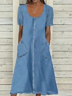 Women's Denim Dress Casual Dress Midi Dress Denim Classic Casual Outdoor Daily Vacation U Neck Lace Pocket Short Sleeve Summer Spring 2023 Regular Fit Blue Plain S M L XL 2XL