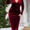Women's Plus Size Party Dress Velvet Dress Cocktail Dress Midi Dress Black Wine Dark Green Long Sleeve Pure Color Ruched Spring Fall Winter V Neck Fashion Winter Dress Wedding Guest Birthday 2023 XL