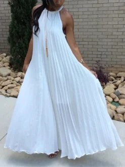 Women's Long Dress Maxi Dress Casual Dress Chiffon Dress White Dress Plain Basic Modern Daily Holiday Date Pleated Sleeveless Halter Dress Loose Fit Black White Navy Blue Summer Spring S M L XL -HANs Plus Size Style Shop zeksoc1684234951979