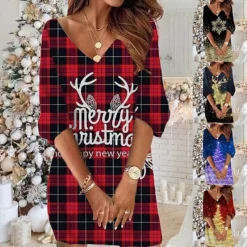 Women‘s Christmas Sweatshirt Dress Winter Dress Short Mini Dress Red 3/4 Length Sleeve Plaid Letter Print Fall Winter V Neck Vacation Casual 2022 S M L XL XXL 3XL