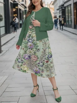Women's Plus Size Curve Casual Dress Dress Set Two Piece Dress Floral Midi Dress Long Sleeve Print Crew Neck Fashion Outdoor Brown Green Fall Winter L XL XXL 3XL 4XL