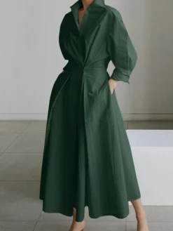 Women's Shirt Dress Casual Dress Swing Dress Maxi Long Dress Outdoor Office Holiday Polyester Basic Modern Shirt Collar Ruched Pocket Long Sleeve Summer Spring Fall 2023 Regular Fit Black Army Green -HANs Plus Size Style Shop zeyqlu1653386527723