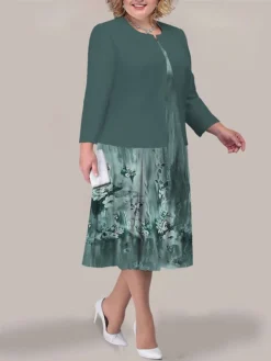 Women's Plus Size Curve Two Piece Dress Set Casual Dress Print Dress Outdoor Office Fashion Streetwear Print Midi Dress Crew Neck Long Sleeve Floral Black Light Green Blue Fall Winter L XL XXL -HANs Plus Size Style Shop zfgfjj1693295635874