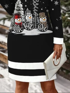 Women's Christmas Dress Casual Dress Mini Dress Active Fashion Outdoor Christmas Holiday Crew Neck Print Snowman Loose Fit Black S M L XL XXL -HANs Plus Size Style Shop zfxjmg1697106959685