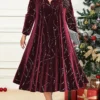 Women's Plus Size Curve Party Dress Velvet Dress Swing Dress Gradient Long Dress Maxi Dress Long Sleeve Print V Neck Fashion Party Wine Green Fall Winter L XL XXL 3XL 4XL