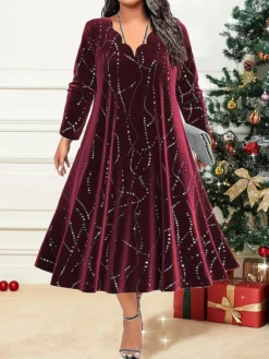 Women's Plus Size Curve Party Dress Velvet Dress Swing Dress Gradient Long Dress Maxi Dress Long Sleeve Print V Neck Fashion Party Wine Green Fall Winter L XL XXL 3XL 4XL