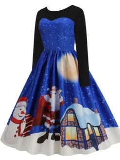 Women's Christmas Swing Dress Vintage DressKnee Length Dress Blue Royal Blue Light Blue Black Long Sleeve Santa Claus Elk Snowman Print Fall Winter Crew Neck Vacation Vintage 2022 S M L XL XXL 3XL -HANs Plus Size Style Shop zgvdcg1665293396563