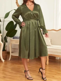 Women's Plus Size Curve Party Dress Wedding Guest Dress Green Dress Midi Dress Green Long Sleeve Print With Belt Spring Fall Winter V Neck Fashion Winter Dress Evening Party Wedding Guest XL XXL 3XL -HANs Plus Size Style Shop zhbyrd1693212488800