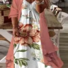 Women‘s Plus Size Curve Two Piece Dress Floral V Neck Print Long Sleeve Fall Spring Casual Maxi Long Dress Casual Daily Dress
