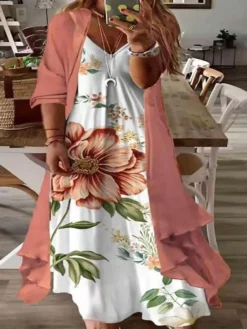 Women‘s Plus Size Curve Two Piece Dress Floral V Neck Print Long Sleeve Fall Spring Casual Maxi Long Dress Casual Daily Dress