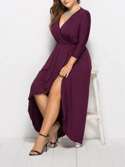Women's Plus Size Work Dress Black Dress A Line Dress Fashion Long Dress Maxi Dress Ruched V Neck Long Sleeve Plain Loose Fit Black Wine Dark Green Fall XL XXL 3XL 4XL -HANs Plus Size Style Shop zhrbef1693203506202