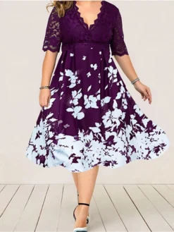 Women‘s Plus Size Curve Party Dress Cocktail Dress Work Dress Midi Dress Black Navy Blue Purple Half Sleeve Floral Lace Summer Spring Fall V Neck Fashion Wedding Guest Vacation Summer Dress 2023 -HANs Plus Size Style Shop zhxrir1690275881918