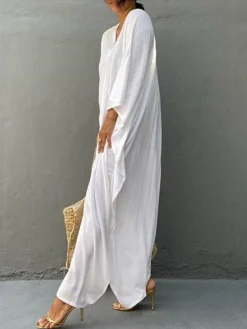 Women's Cover Up Beach Dress Beach Wear Long Dress Maxi Dress Split Basic Casual Plain V Neck 3/4 Length Sleeve Loose Fit Outdoor Daily White Yellow 2023 Spring Summer One Size -HANs Plus Size Style Shop zhybbo1672912292036