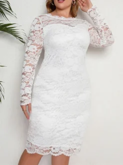 Women‘s Plus Size Curve Party Dress Lace Dress Sheath Dress Solid Color Midi Dress Long Sleeve Lace Crew Neck Modern Party White Summer Spring XL XXL 3XL 4XL 5XL -HANs Plus Size Style Shop zihkul1678868082465