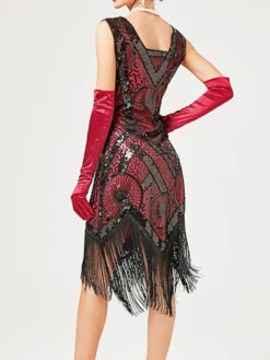 Women‘s Halloween Dress Retro Elegant Vintage Dress Midi Dress Party Sequins Tassel Fringe Geometric V Neck Sleeveless Regular Fit Summer Spring 2023 Black Red XS S M L -HANs Plus Size Style Shop zjibqo1676625834876