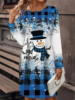 Women's Christmas Dress Plaid Dress Mini Dress Active Fashion Outdoor Christmas Holiday Crew Neck Print Geometric Snowman Snowflake Loose Fit Wine Red Blue S M L XL XXL -HANs Plus Size Style Shop zjjlja1696757165507